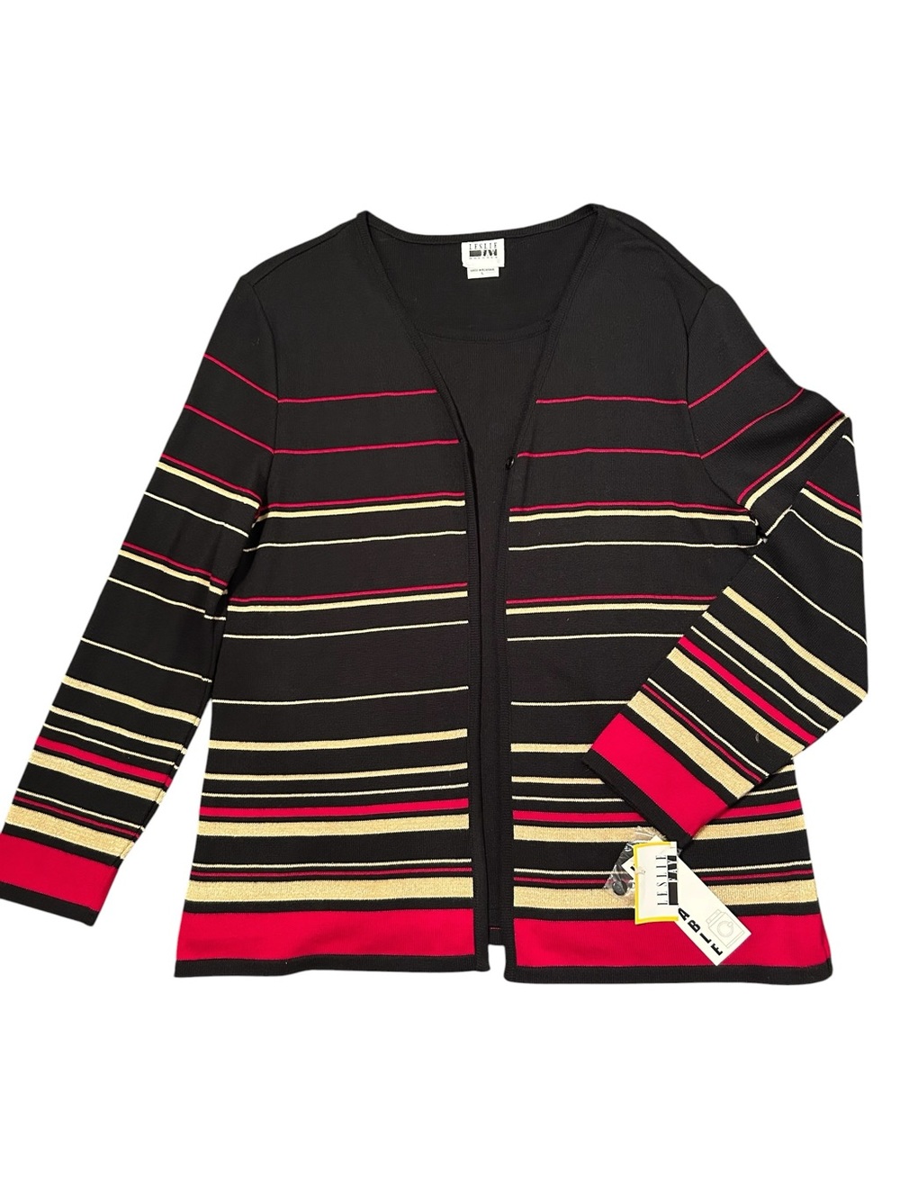 NEW Leslie Fay Double Layer Sweater Top SZ L Black w/Red Cream Gold Stripes NWT